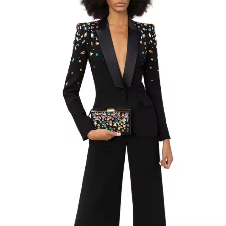 Traje de pantalón con cuentas de diamantes coloridos, talla grande, blazer de un solo botón, pantalón acampanado, conjunto de do - 1