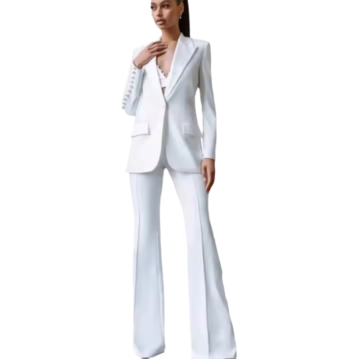 Blazer de mujer de un solo botón con perlas, blazer de oficina delgado, traje de pantalón acampanado, conjunto de talla grande, - 1