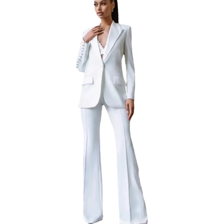 Blazer de mujer de un solo botón con perlas, blazer de oficina delgado, traje de pantalón acampanado, conjunto de talla grande, - 1
