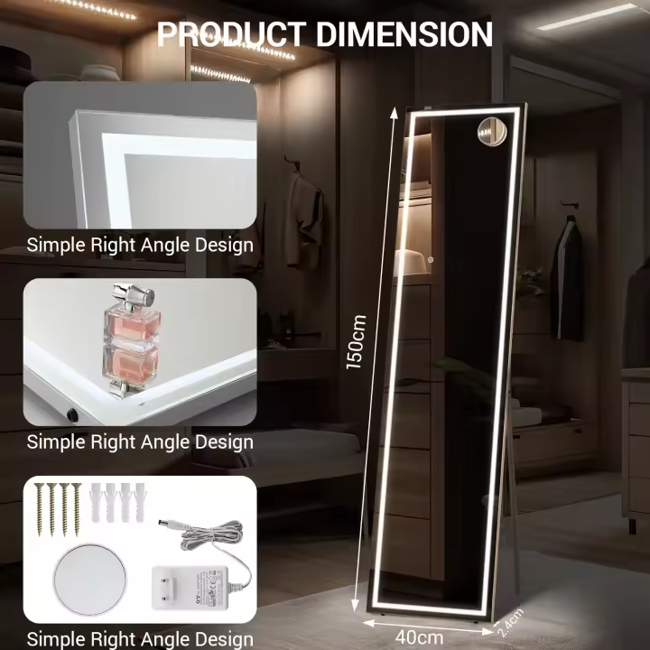 Espejo de tocador de longitud completa con iluminación, espejo de pie LED táctil regulable - 1