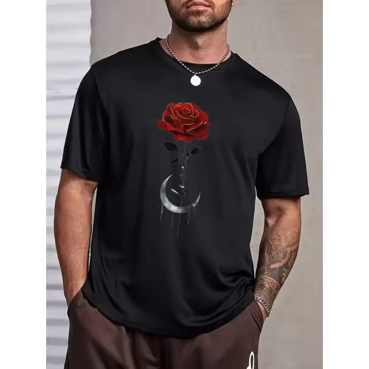 1 camiseta informal con cuello redondo para hombre, 100% algodón, transpirable y liviana, manga corta, diseño estampado de rosa y media luna - 1
