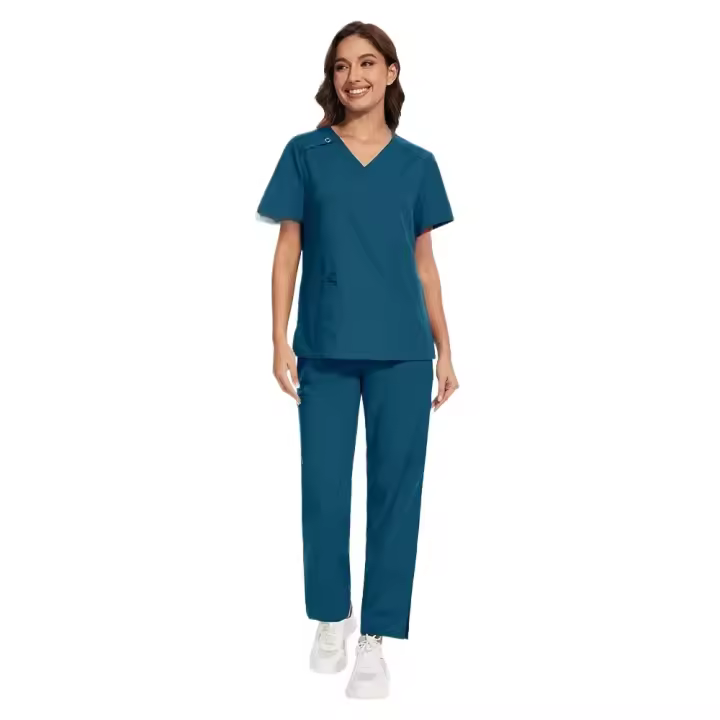 Ropa de trabajo, conjuntos de uniformes elásticos, uniforme de enfermera, uniforme médico para mujer, conjuntos de pantalones rectos de manga corta con cuello en V - 1