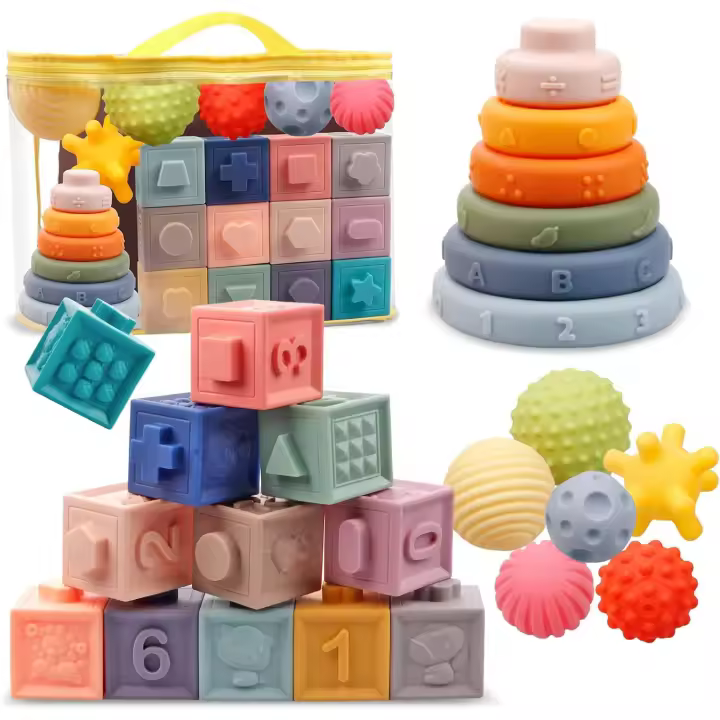 Juguetes Montessori para Bebés Bloques de Apilamiento Suaves Juego de Anillos Set de 3 en 1 - 1