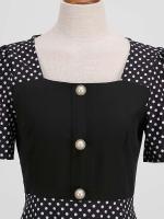 Vestido midi elegante de fiesta con estampado de lunares, manga corta y línea A, informal para verano, para mujer. - details 9