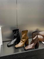 Tacón alto cabeza cuadrada botas delgadas botas cortas zapatos de mujer nuevo tacón grueso marrón con falda - details 31