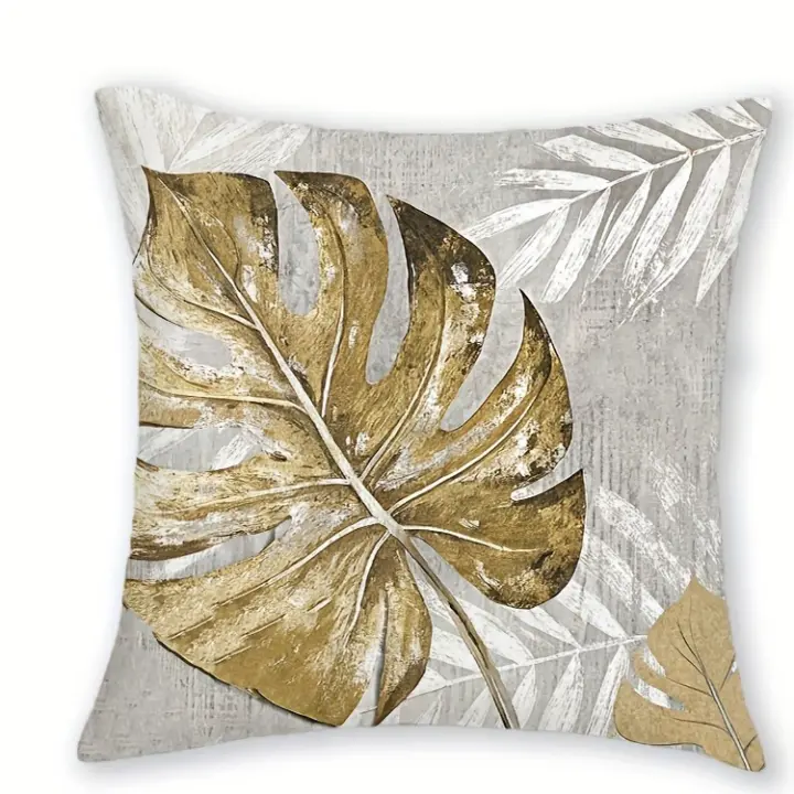 Funda de almohada con hojas doradas y palmeras, funda de cojín para sofá y dormitorio, estampado de una cara sin núcleo de almohada - 1