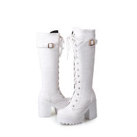 Botas altas de tacón grueso, plataforma impermeable para mujer, tacones altos, botas largas, con cordones, talla grande - details 16
