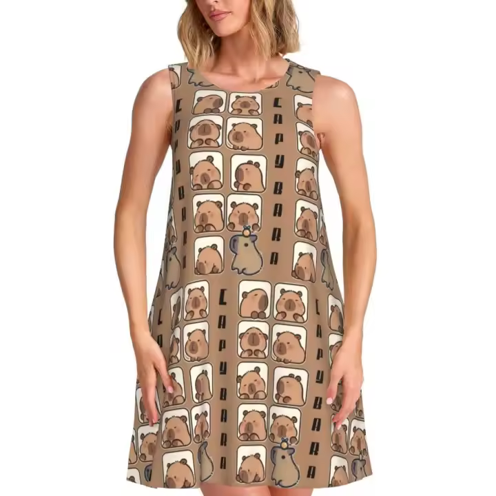 Capybara suelto sol personalizado con estampado de bolsillo, vestido de playa sin mangas para mujer - 1