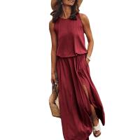 2025 verano nueva ropa de mujer europea y americana vestido sin mangas con cuello redondo vestido largo de color sólido multicolor con puntas divididas. - details 7