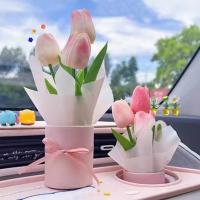 Ramo de tulipanes artificiales realistas portátiles, flor de tulipán de simulación de PU con cubo, ramo de flores falsas, adornos montados en el coche - details 1