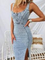 BUNO-Falda de longitud media para mujer, cuello en forma de U, informal, holgada, cintura media, de un paso Vestido vaquero, verano, 2025, novedad verde para 2024 Vestido vaquero de manga corta con cuello halter y abertura en la perforación - details 3