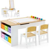 Juego de Mesa y 2 Sillas de Arte para Niños, Escritorio de Juegos y Manualidades 2 en 1 para Niños con Mesa Elevable, Rollo de Papel, Vasos de Pintura y 6 Contenedores (Natural) - details 0