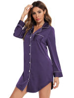 Blusa de noche para mujer Pijamas Ropa de dormir con botones Cuello en V Mangas largas Vestido de seda imitada Púrpura - details 5