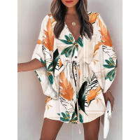 Traje de baño para mujer Vestido de playa estampado con cordón3/4MangaVMini falda de playa con Cuello estilo bohemio - details 8