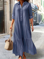 Vestido Largo de Algodón y Lino Manga Larga, Botón, Color Sólido, Borlas Sueltas - details 9
