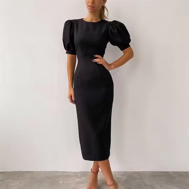 vestido voluminoso de cintura y manga corta con cuello redondo - 1