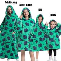 Manta de gran tamaño con capucha para adultos, conjunto de ropa de invierno de lana para la familia, dinosaurio, tiburón, Tigre, gris y rosa - details 13