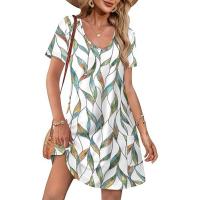 Vestido de verano de mujer de camisa de manga corta con estampado casual con cuello en V suelto - details 1