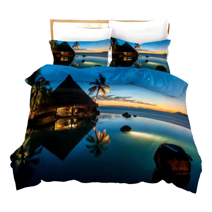 Juego de Funda de Edredón de Playa de Poliéster Tema de Naturaleza Tropical con Palmera y Mar - 1