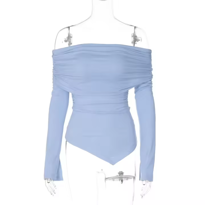 Nueva Spice Girl Pure Desire Wind Cuello de una palabra Hombros descubiertos Manga larga Doblada Top ajustado irregular - 1