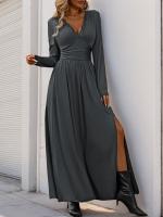 Elegante Vestido de Manga Larga para Mujer Color Sólido, Cuerpo a Justa, Corset, Línea A, Algodón, Chic - details 3