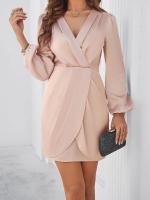 Vestido corto de manga larga con cuello en V para mujer, prenda de diseño elegante, color liso, novedad primavera 2025 - details 11