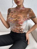 Nueva camiseta de manga corta elegante con estampado de malla, camisetas de manga corta con ribete de oreja de madera para mujeres - details 29