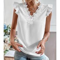 Camiseta elegante a la moda para mujer, camisa informal tejida con encaje plisado de retales de manga corta con cuello en V pequeño para mujer - details 3