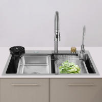 Fregadero de cocina doble integrado, fregadero de acero inoxidable con cascada, 4 modos de agua, 75x35x21 cm - details 15