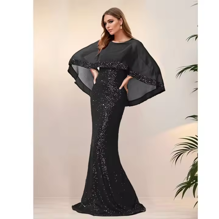 Largo con lentejuelas y mangas de murciélago, gasa, elegante vestido de noche elástico fiesta de graduación para mujer - 1