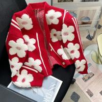 Flor flocada Nuevo cárdigan de punto rojo diseño de mujer nuevo suéter elegante de gama alta con cuello en V abrigo suéter - details 17