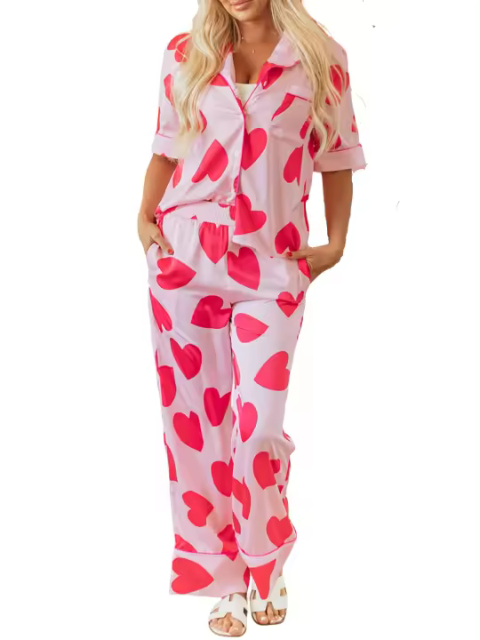 Elrachen Conjunto de pijama de San Valentín con corazón de manga corta para mujer, rosa, tallas S-XL - 1