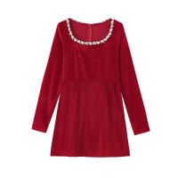 Vestido Mini de Moda 2025 para Mujer con Cuello Cuadrado, Cintura con Cuentas Hechas a Mano, Manga Larga de Terciopelo, Elegante y Temperamental. - details 0
