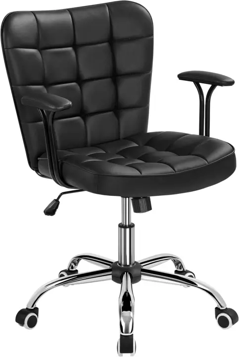 Silla de Oficina sin Reposabrazo Silla Oficina Tapizada de Cuero PU Silla con Ruedas Silla Ergonómica Base Metal Blanca - 1