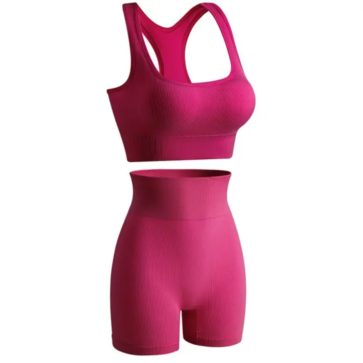 Conjunto de entrenamiento sin costuras de 2 piezas, Camiseta corta acanalada de cintura alta para Yoga, Leggings de cuello redondo, conjunto activo a juego para verano - 1