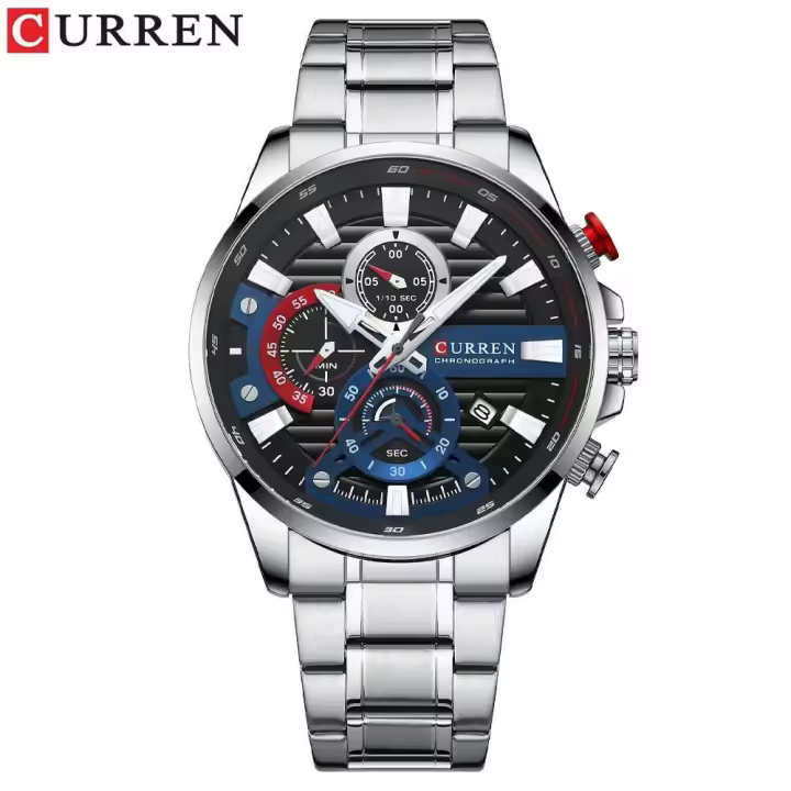 Reloj de Cuarzo CURREN 8415 Diseño Único en Negro y Azul Correa de Acero Calendario Estilo Formnal - 1