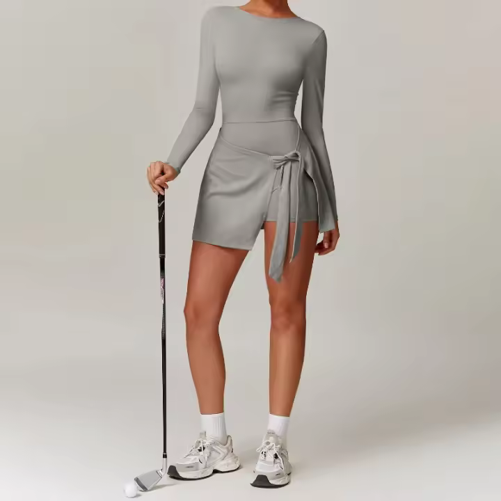 Vestido deportivo antideslizante falso de dos piezas, Vestido corto de tenis con tirantes divididos y espalda en U, ropa deportiva ajustada y cómoda para Yoga y manga larga - 1