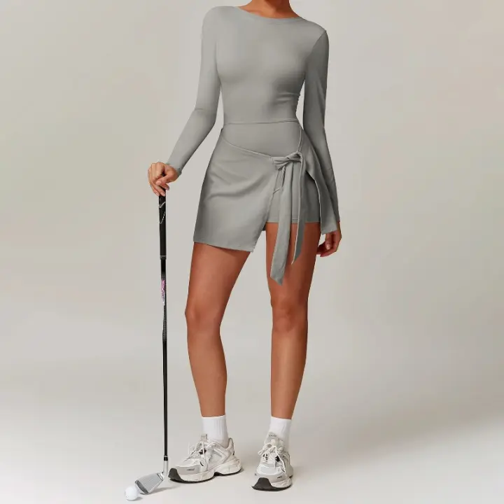 Vestido deportivo antideslizante falso de dos piezas, Vestido corto de tenis con tirantes divididos y espalda en U, ropa deportiva ajustada y cómoda para Yoga y manga larga - 1