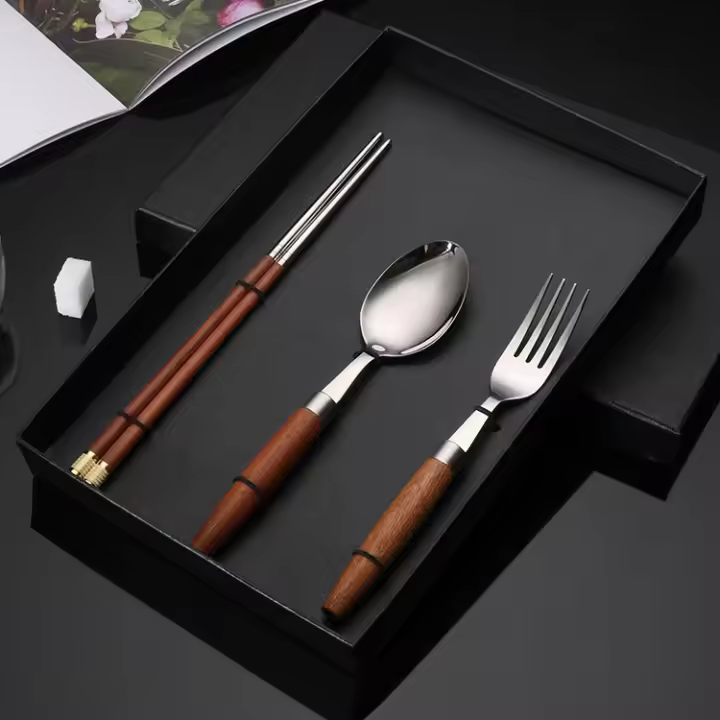 Cuchillo de Carne de Acero Inoxidable Tenedor, Cuchara, Palillos, Mango de Madera Bueno, Vajilla de Regalo, Platos de Cocina, Juegos Completos - 1
