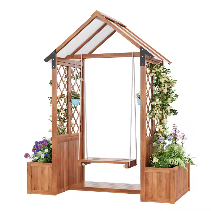 Jardinera, columpio de exterior, jardinera con enrejado como ayuda para trepar, con toldo de policarbonato para el sol. Jardinera con caja de flores, de madera maciza marrón, adecuada para jardín, patio y terraza. - 1