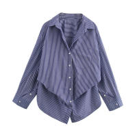 OUWU Blusa de algodón informal para mujer, ropa de otoño, con rayas y manga de murciélago - details 2