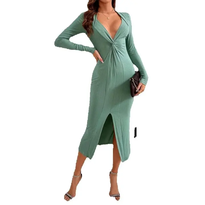Temperamento femenino adelgazamiento V cuello vestido de manga larga medio largo - 1