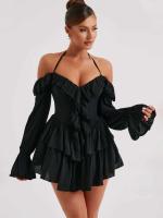 Vestido Mini de Verano 2024 Sexy Elegante con Mangas de Flecos Color Puro Sin Lazos - details 12