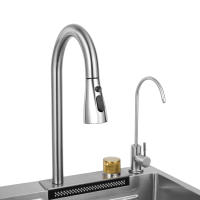 Fregadero de cocina doble integrado, fregadero de acero inoxidable con cascada, 4 modos de agua, 75x35x21 cm - details 12