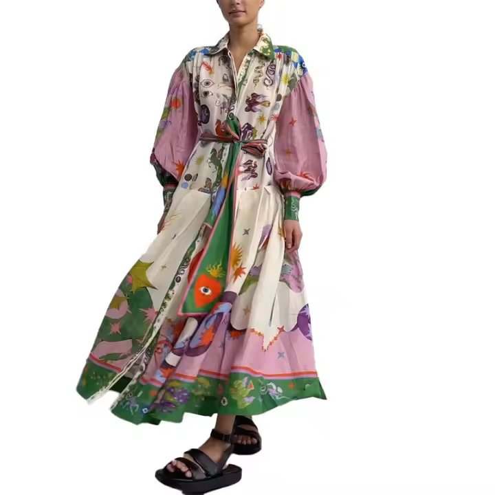 Vestido de swing grande de manga larga con cintura atada y cuello en V estampado personalizado informal para mujer 2025 - 1