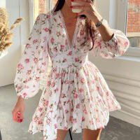Vestido corto elegante por debajo de la rodilla para mujer, vestido corto con borde de encaje y cuello en V, estampado de moda dulce, temperamento, verano 2024 - details 3