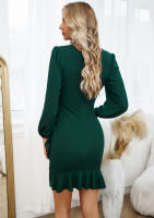 Vestido de otoño para mujer, manga larga abullonada, cintura alta, dobladillo con volantes, Verde S - details 7