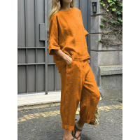 Conjunto de verano de 2 piezas para mujer, talla grande, camisa de lino y algodón, traje con pantalones largos sueltos de cintura alta - details 1