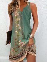 Vestidos de mujer Verano Vintage wer Print ing Vestido con cuello en V Bohomian Sin mangas Botón Vestidos de talla grande - details 0