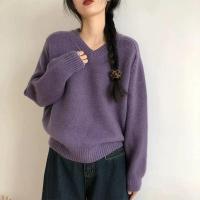 Otoño/Invierno nuevo suéter de cachemira de las mujeres con cuello en V Jersey de punto de lana pura Tops gruesos Casual suelta moda coreana - details 2